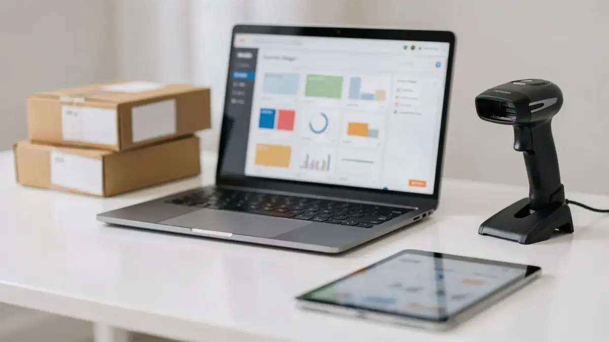 Onlineshop-Geschäftsmodell mit Laptop, Versandkartons und Scanner auf einem modernen Schreibtisch