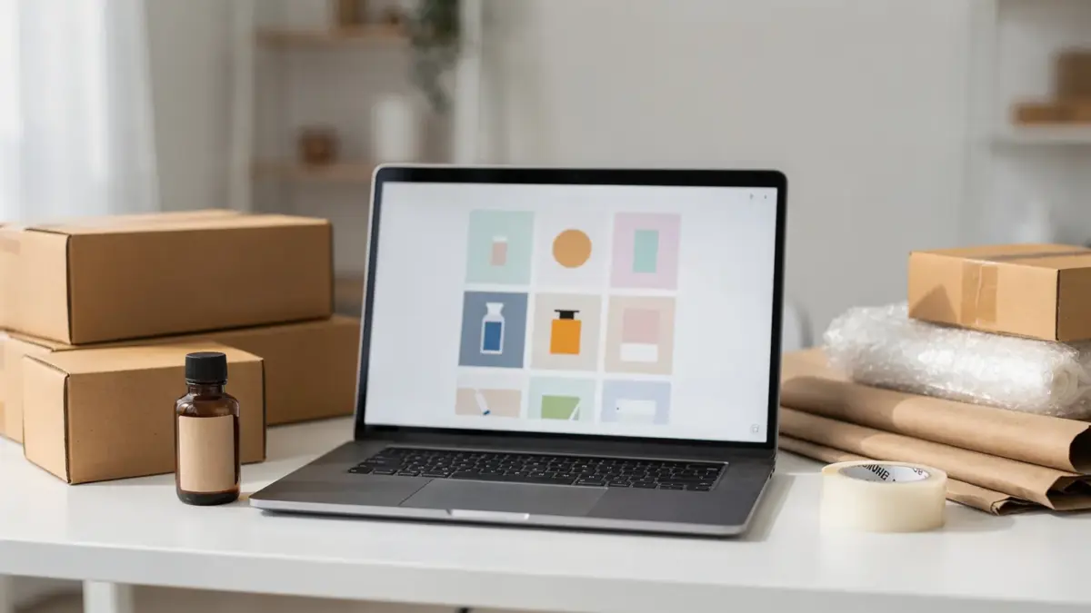 Dropshipping oder eigene Produkte im Onlineshop: Laptop, Versandkartons und Produktmuster auf einem Schreibtisch