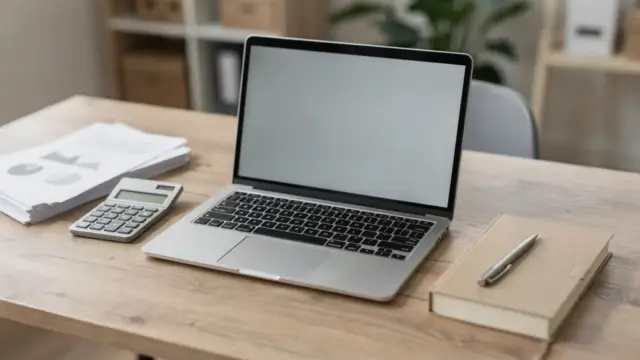 Büroarbeitsplatz mit Laptop, Unterlagen und Paketbox zum Thema Rechtsform für einen Onlineshop