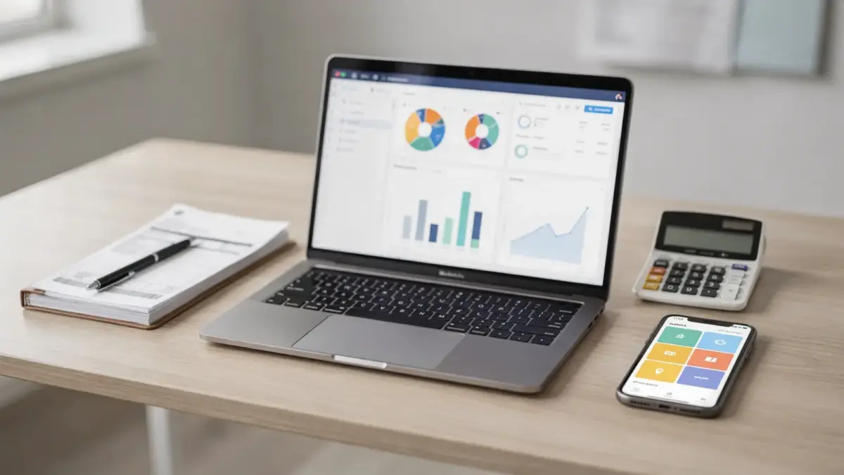 Büroarbeitsplatz mit Laptop und Unterlagen zum Thema sevdesk vs lexoffice