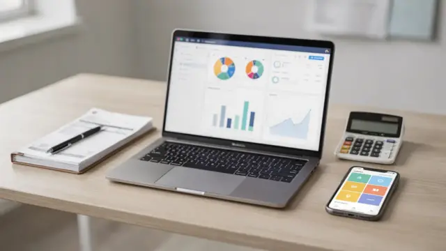 Büroarbeitsplatz mit Laptop und Unterlagen zum Thema sevdesk vs lexoffice