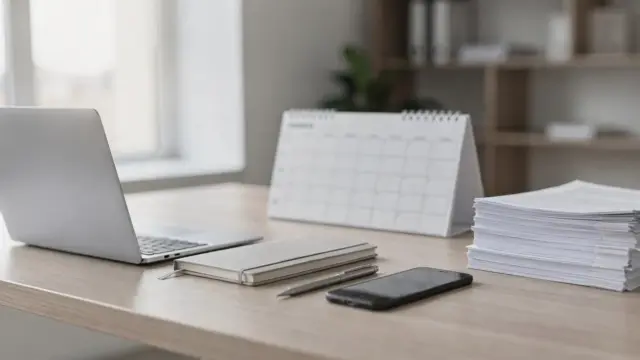 Organisierter Schreibtisch für den Unternehmer-Alltag in der Selbstständigkeit mit Laptop, Kalender und Unterlagen