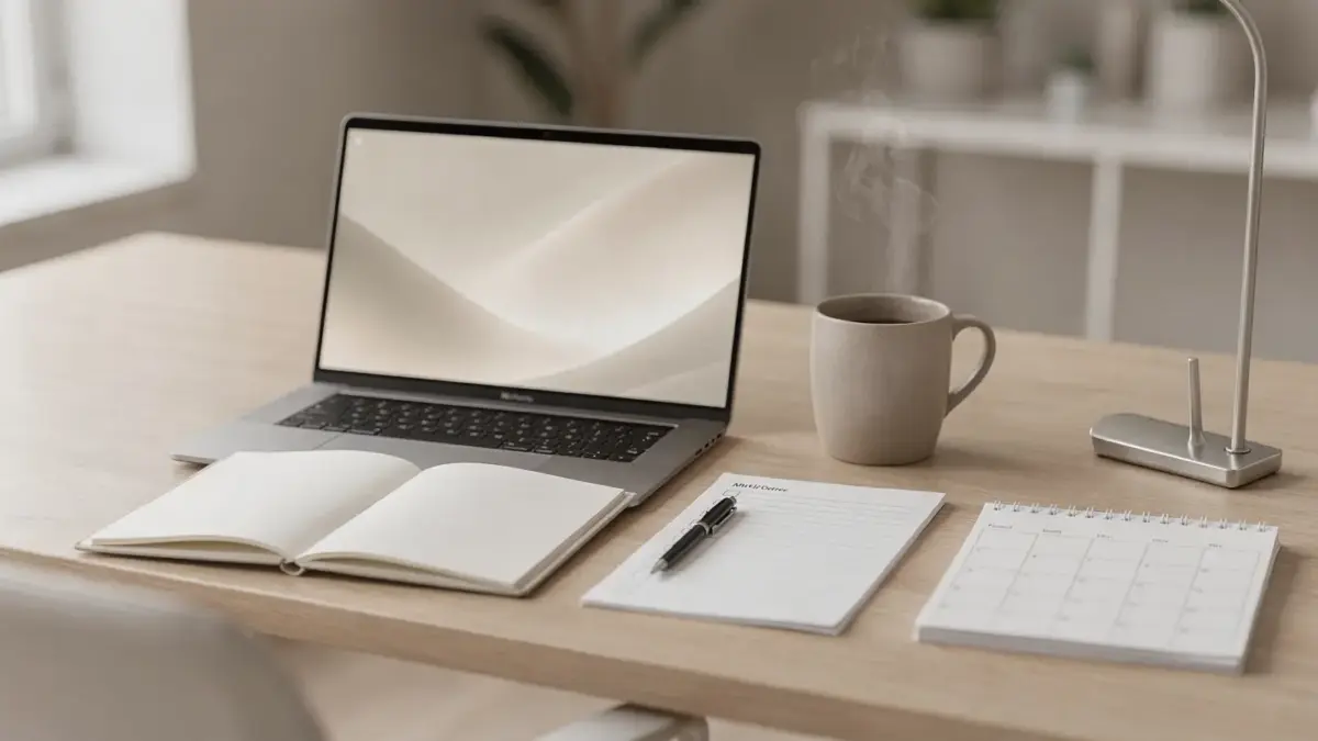 Ordentlicher Schreibtisch mit Laptop, Kalender und Notizbuch zu Unternehmerroutinen