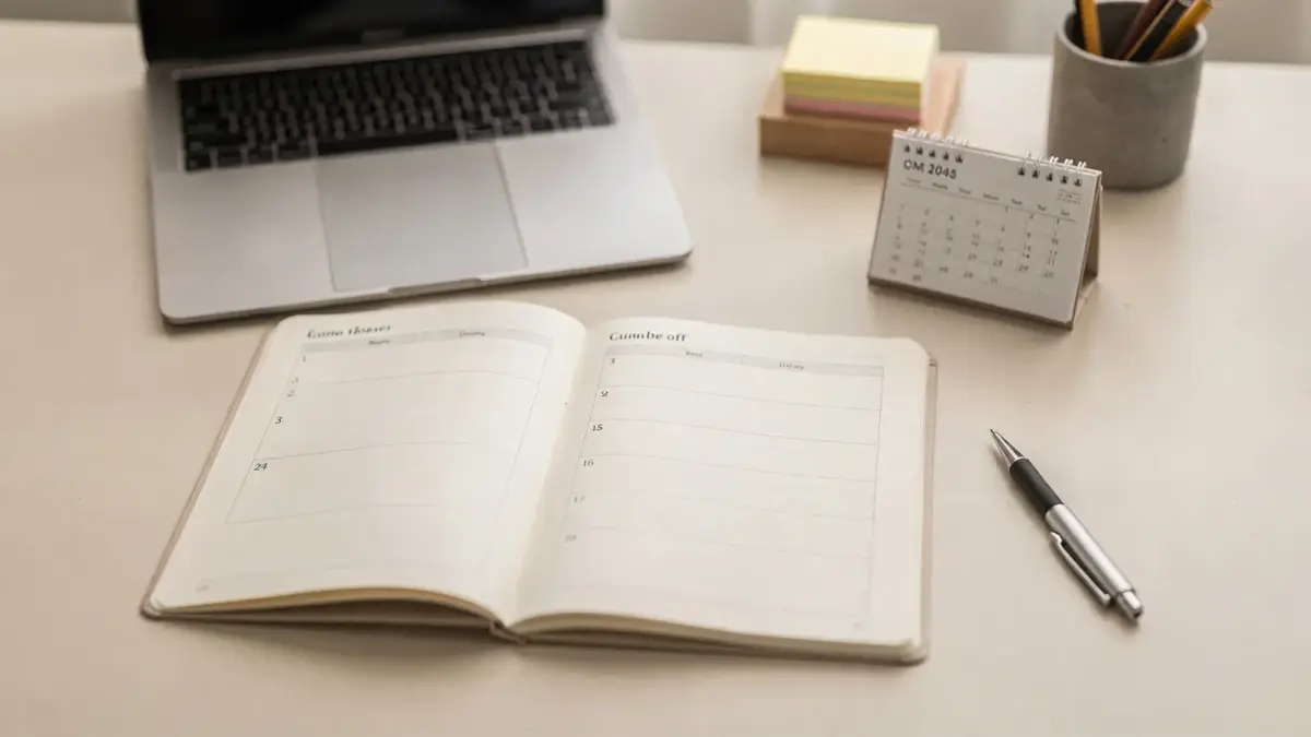 Selbstständige planen ihren Arbeitstag am aufgeräumten Schreibtisch mit Laptop, Kalender und Notizbuch.