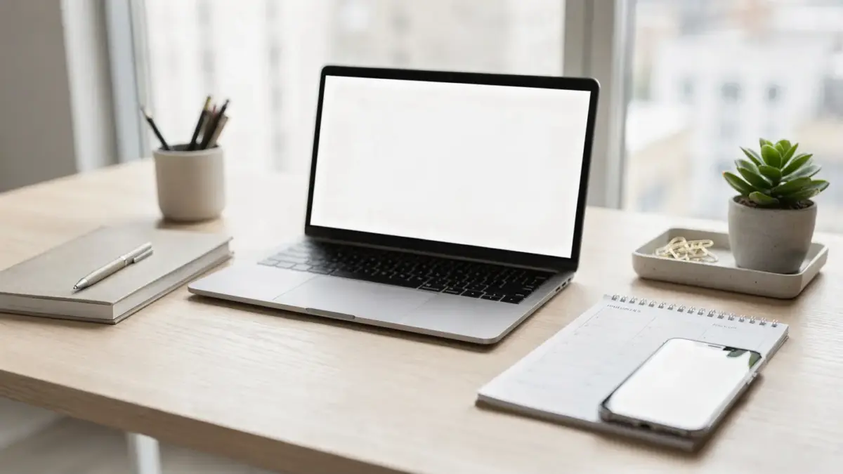 Arbeitsplatz mit Laptop, Kalender und Notizbuch zu Tools für Unternehmerorganisation