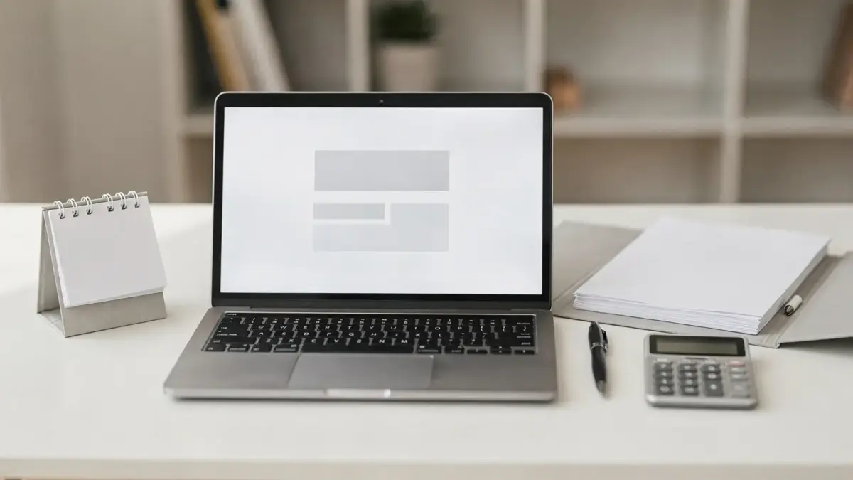 Freelancer-Anmeldung: Schreibtisch mit Laptop, Formularen und Unterlagen zur richtigen Anmeldung der Tätigkeit