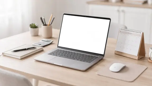Schreibtisch im Homeoffice mit Laptop und Unterlagen zum Thema Freelancer-Gewerbe