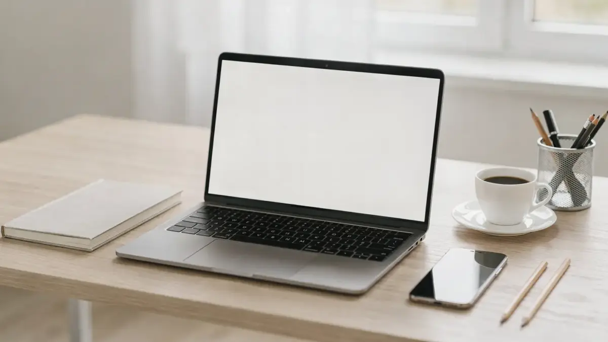 Freelancer-Arbeitsplatz mit Laptop, Notizbuch und Smartphone zur Kundengewinnung