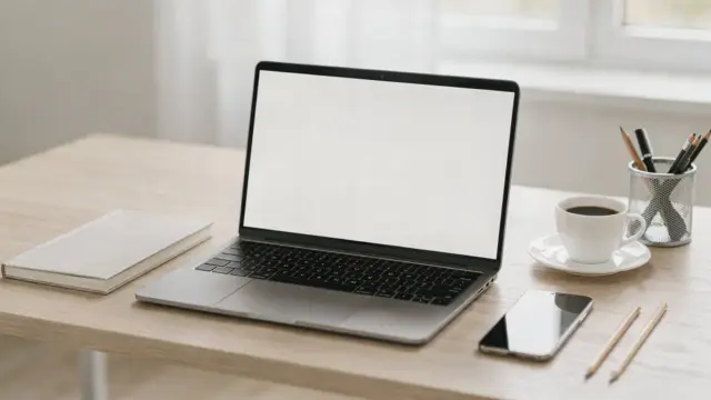 Freelancer-Arbeitsplatz mit Laptop, Notizbuch und Smartphone zur Kundengewinnung