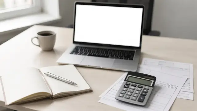 Freelancer-Arbeitsplatz mit Laptop, Taschenrechner und Rechnungsunterlagen zum Thema Freelancer-Stundenlohn