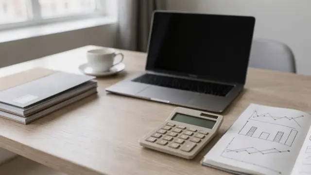 Freelancer am Schreibtisch mit Rechner, Diagrammen und Unterlagen zur Gewinnmarge