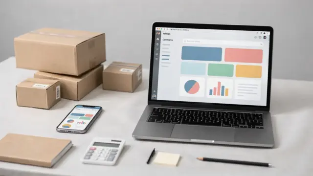 Vergleich von Shopify und WooCommerce auf einem Laptop am Schreibtisch für einen Artikel über Shopsysteme