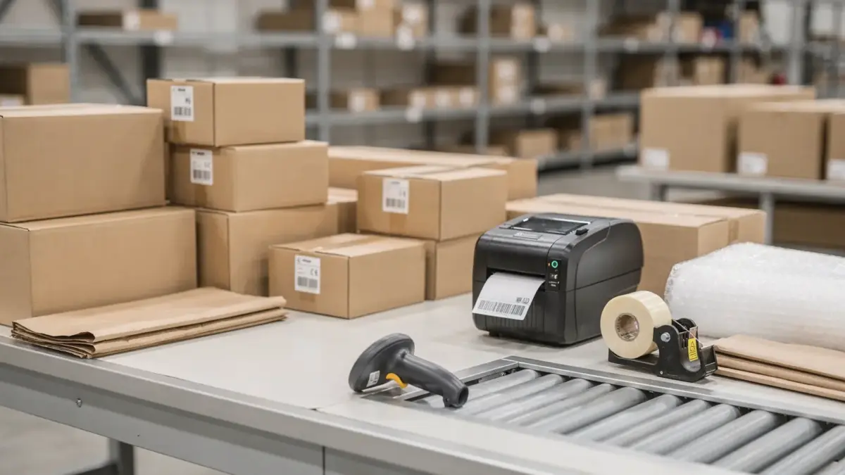 Fulfillment im Onlineshop mit Paketen, Barcodescanner und Etikettendrucker im Lager