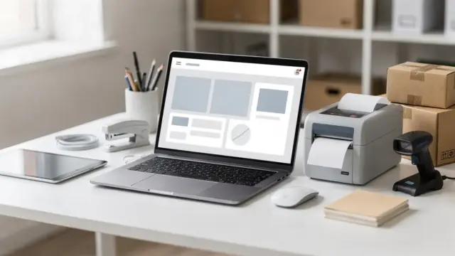Professioneller Onlineshop mit Laptop, Versanddrucker und Waren auf dem Schreibtisch