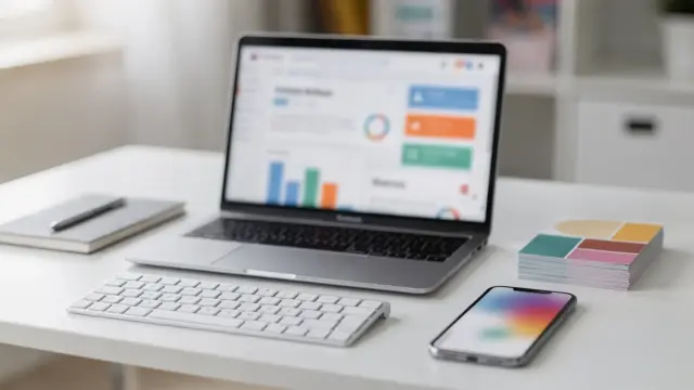 Laptop mit E-Mail-Marketing-Dashboard, Smartphone und Notizbuch zu Email Marketing Tools