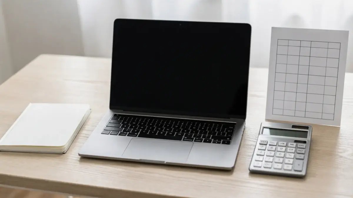 Freelancer-Stundensatz berechnen: Laptop, Taschenrechner und Notizbuch auf einem Schreibtisch
