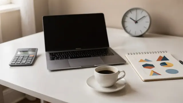 Freelancer-Stundenlohn: Laptop, Taschenrechner und Notizbuch auf einem modernen Schreibtisch