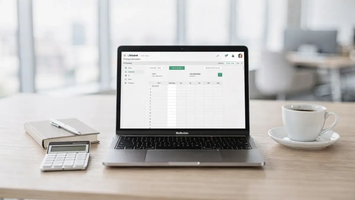 Freelancer-Arbeitsplatz mit Laptop, Taschenrechner und Notizbuch zur Tagessatz-Berechnung