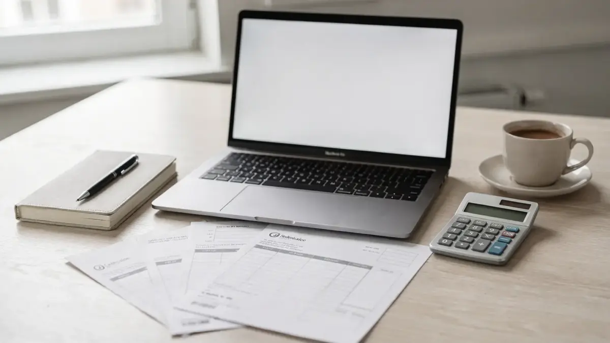 Freelancer-Arbeitsplatz mit Laptop, Notizbuch, Taschenrechner und Rechnungen zum Thema Gewinnmarge