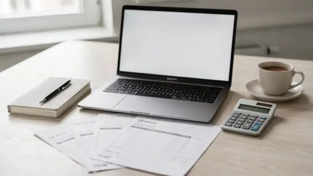 Freelancer-Arbeitsplatz mit Laptop, Notizbuch, Taschenrechner und Rechnungen zum Thema Gewinnmarge