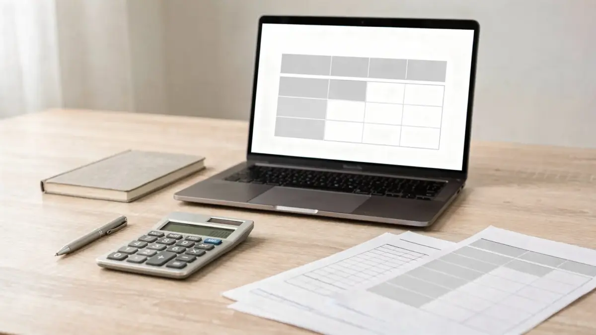 Freelancer-Angebot mit Preisstruktur: Schreibtisch mit Laptop, Notizbuch und Kalkulator