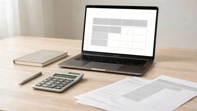 Freelancer-Angebot mit Preisstruktur: Schreibtisch mit Laptop, Notizbuch und Kalkulator