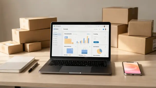 Shopsystem für Anfänger: Laptop mit Online-Shop-Dashboard auf einem aufgeräumten Schreibtisch