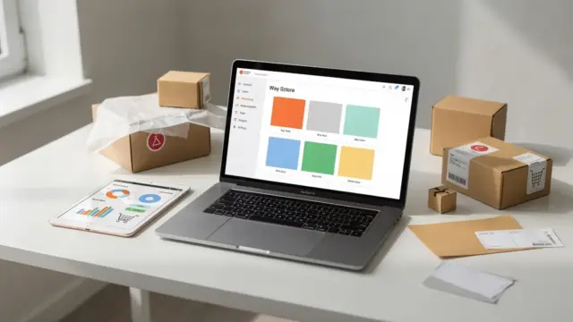 Vergleich von Shopify und WooCommerce in einem E-Commerce-Arbeitsplatz mit Laptop, Dashboard und Verpackungsmaterial