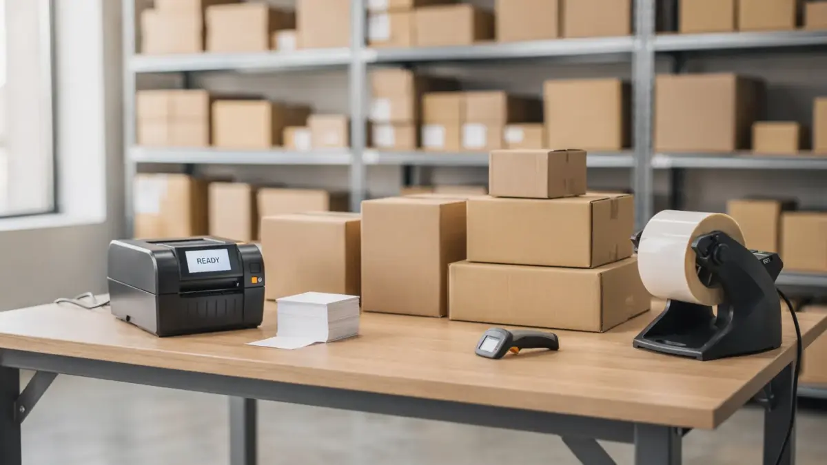 Fulfillment im Onlineshop: Versandbereich mit Paketstation, Etikettendrucker und geordneten Versandkartons