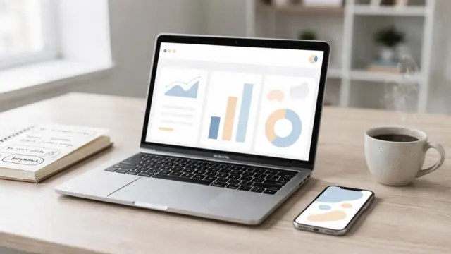 Laptop, Notizbuch und Smartphone auf dem Schreibtisch zu Keyword-Recherche-Tools