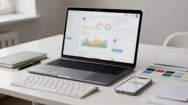 Laptop mit E-Mail-Marketing-Dashboard, Smartphone und Notizbuch zu Email Marketing Tools