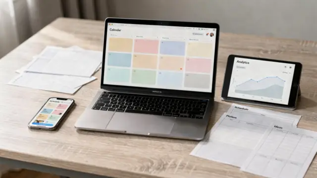 Social-Media-Planungstools auf einem Schreibtisch mit Laptop, Smartphone und Kalenderübersicht