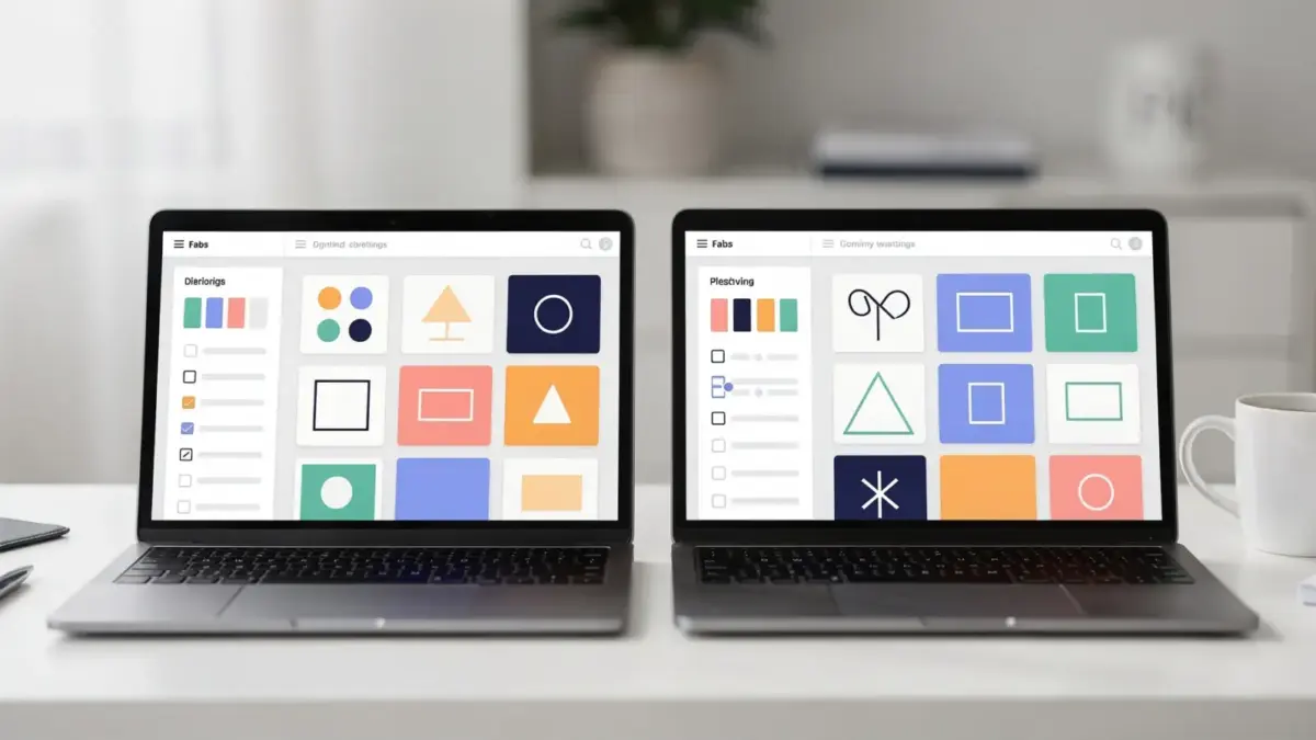 Zwei Laptops mit Design-Oberflächen für Canva vs. Adobe Express im modernen Arbeitsbereich