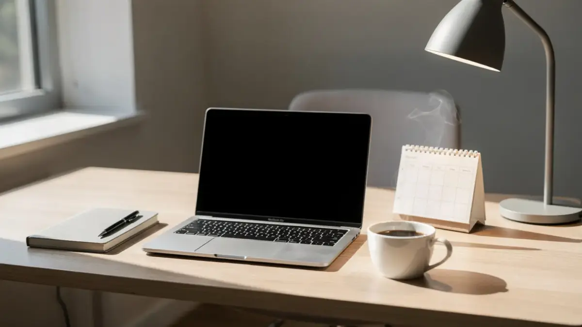 Ordentlicher Schreibtisch mit Laptop, Kalender und Notizbuch zum Thema Unternehmer motiviert bleiben