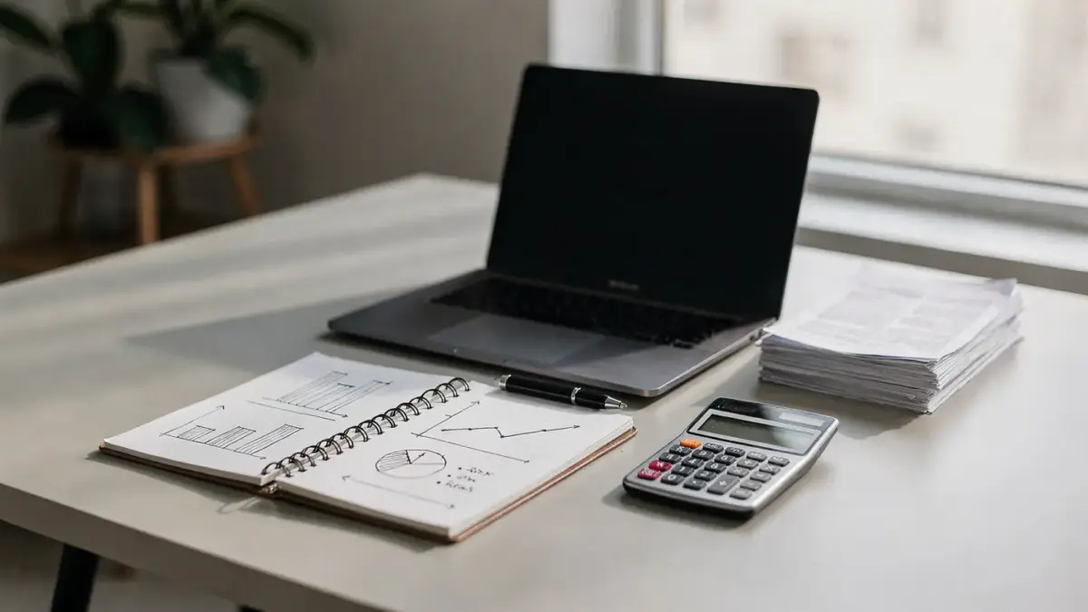 Unternehmerischer Schreibtisch mit Laptop, Diagrammen und Unterlagen zum Thema Rückschläge im Unternehmertum