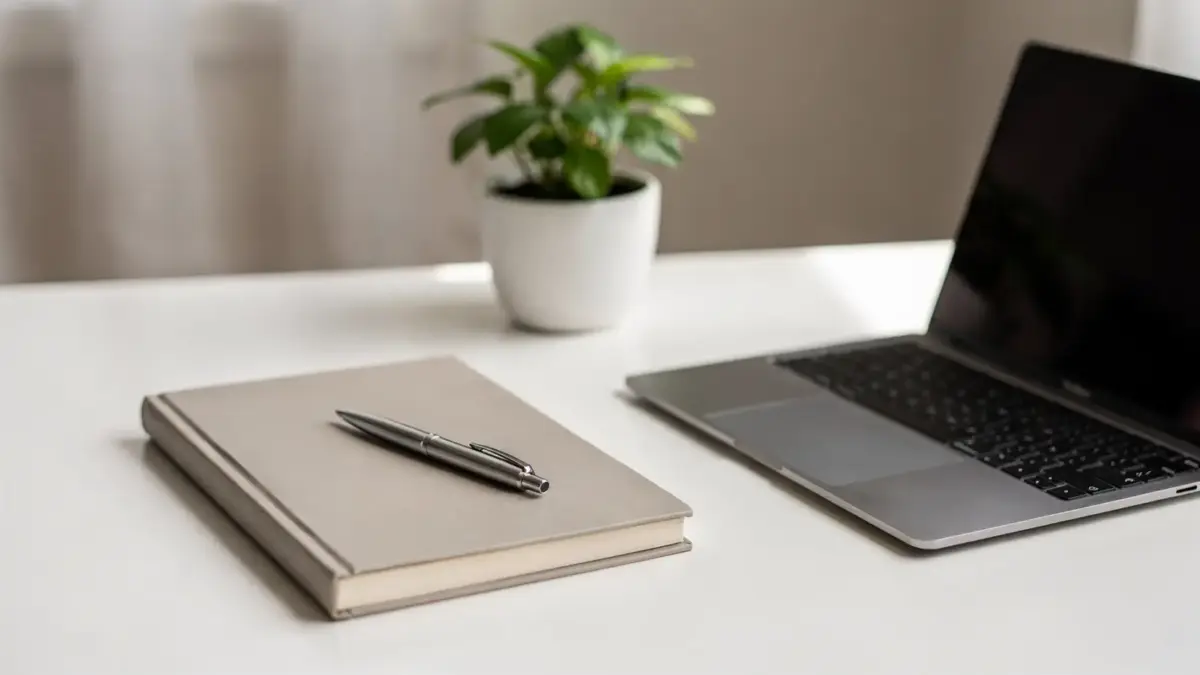 Arbeitsplatz eines Unternehmers mit Laptop, Notizbuch und Pflanze zum Thema Resilienz für Unternehmer