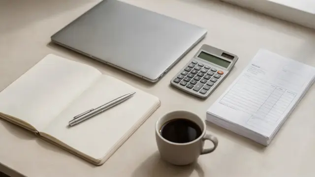 Freelancer-Arbeitsplatz mit Laptop, Notizbuch, Taschenrechner und Rechnungen zum Thema Gewinnmarge