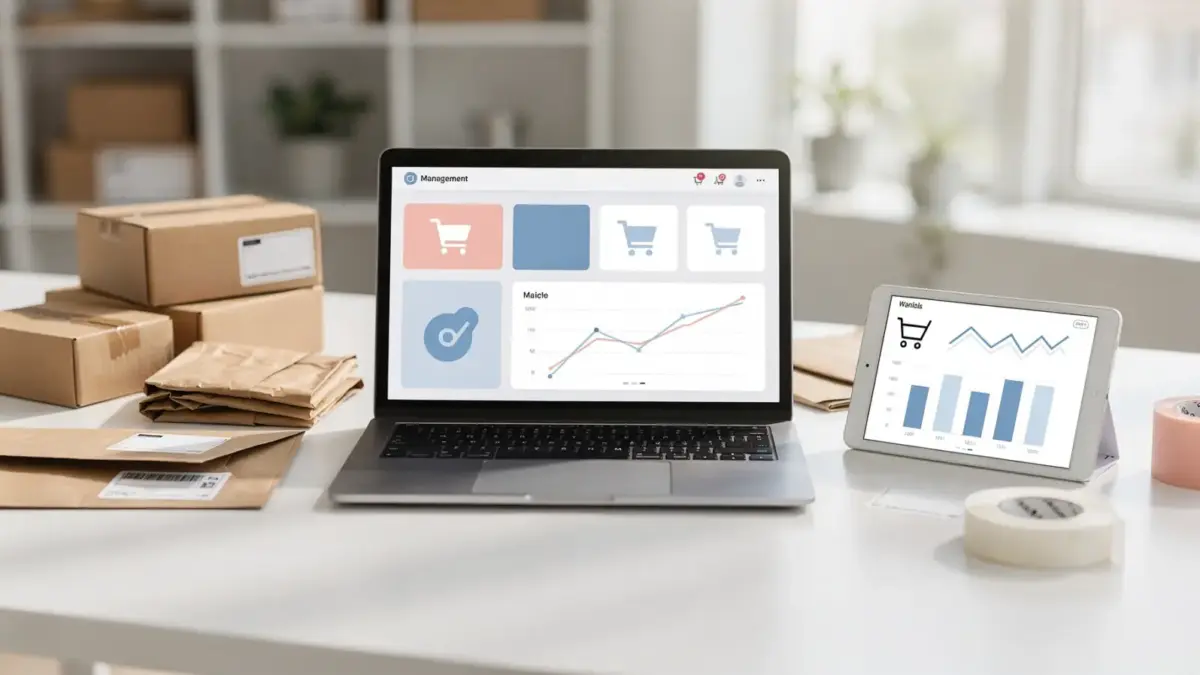 Vergleich von Shopify und WooCommerce in einem E-Commerce-Arbeitsplatz mit Laptop, Dashboard und Verpackungsmaterial