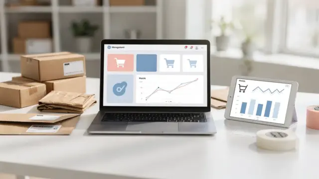 Vergleich von Shopify und WooCommerce in einem E-Commerce-Arbeitsplatz mit Laptop, Dashboard und Verpackungsmaterial