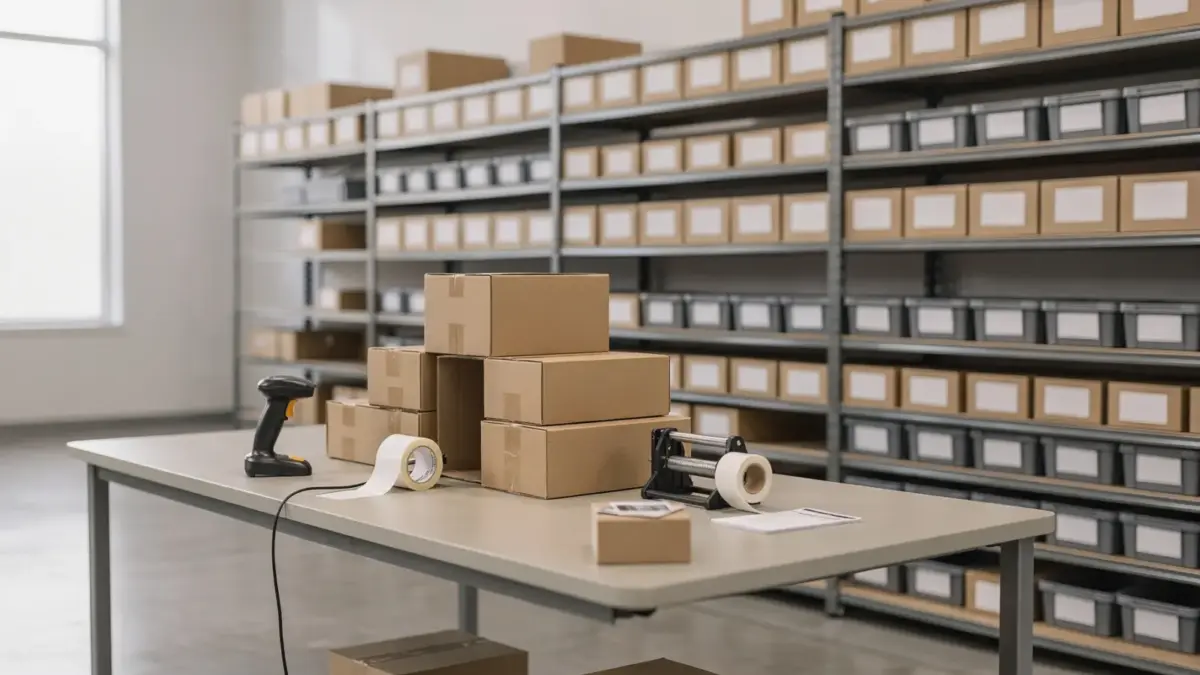 Organisiertes Fulfillment im Onlineshop mit Versandkartons, Lagerregalen und Packtisch in einem Lager