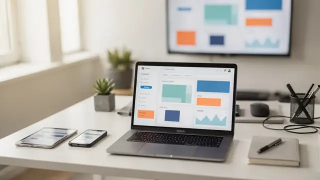 Arbeitsplatz mit Laptop, Tablet und Tools für einen professionellen Onlineshop