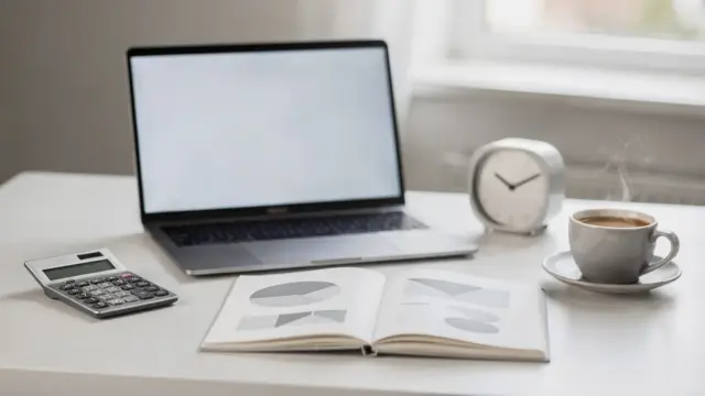 Freelancer-Stundenlohn: Laptop, Taschenrechner und Notizbuch auf einem modernen Schreibtisch