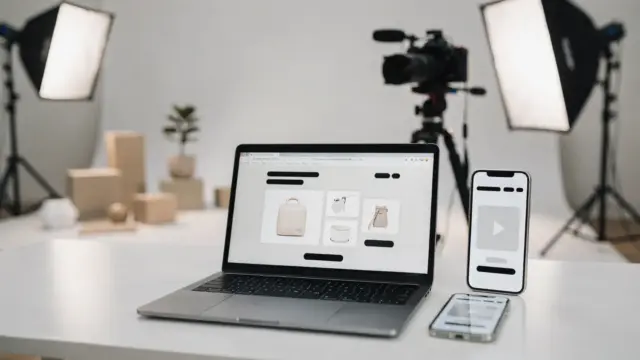 E-Commerce-Arbeitsplatz mit Produktfotos, Video-Setup und Bewertungsanzeige im Onlineshop
