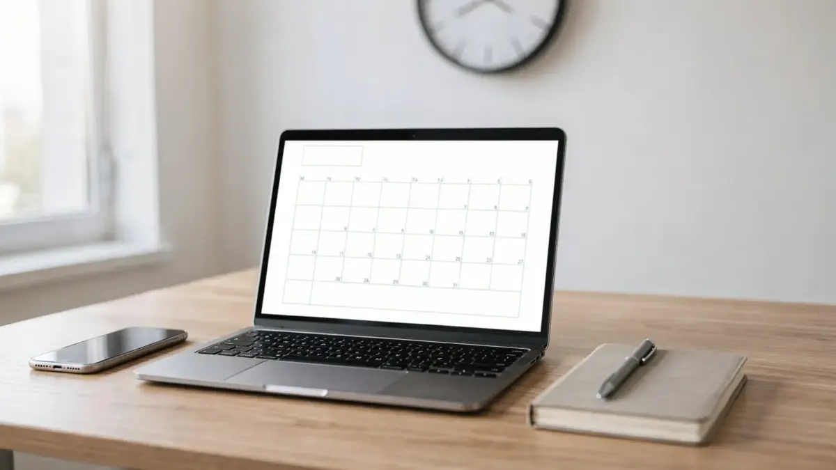 Ordentlicher Schreibtisch mit Kalender, Laptop und Uhr zum Thema Zeitblöcke für Unternehmer