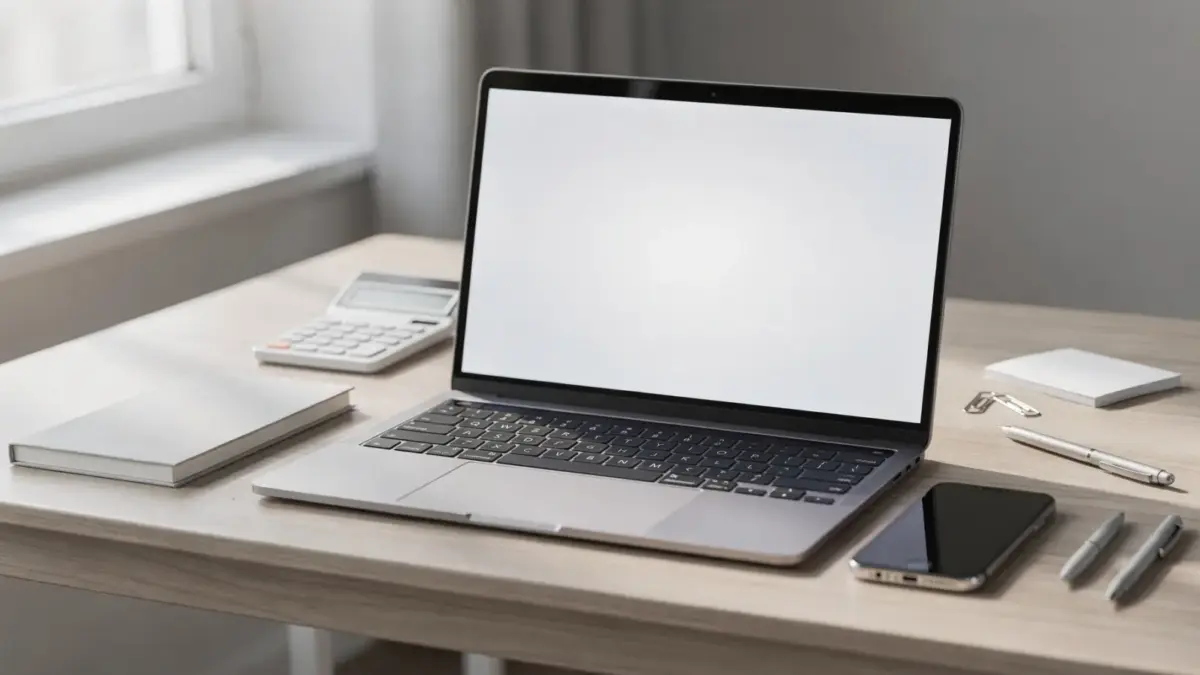 Arbeitsplatz mit Laptop, Notizbuch und Taschenrechner zum Thema nebenberuflich selbstständig verdienen