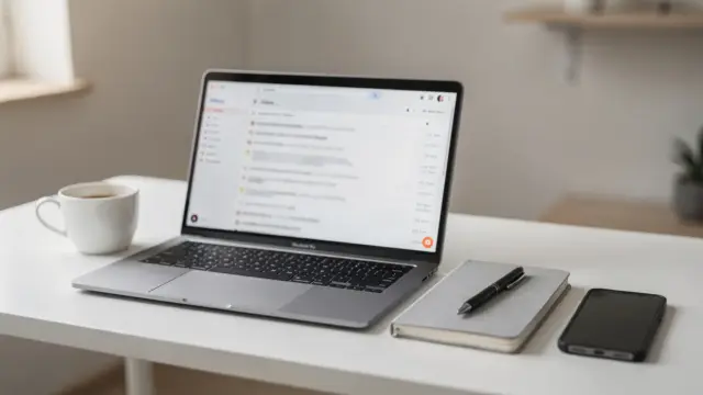 Freelancer-Akquise per E-Mail im Homeoffice: Laptop, Notizbuch und Smartphone auf einem Schreibtisch