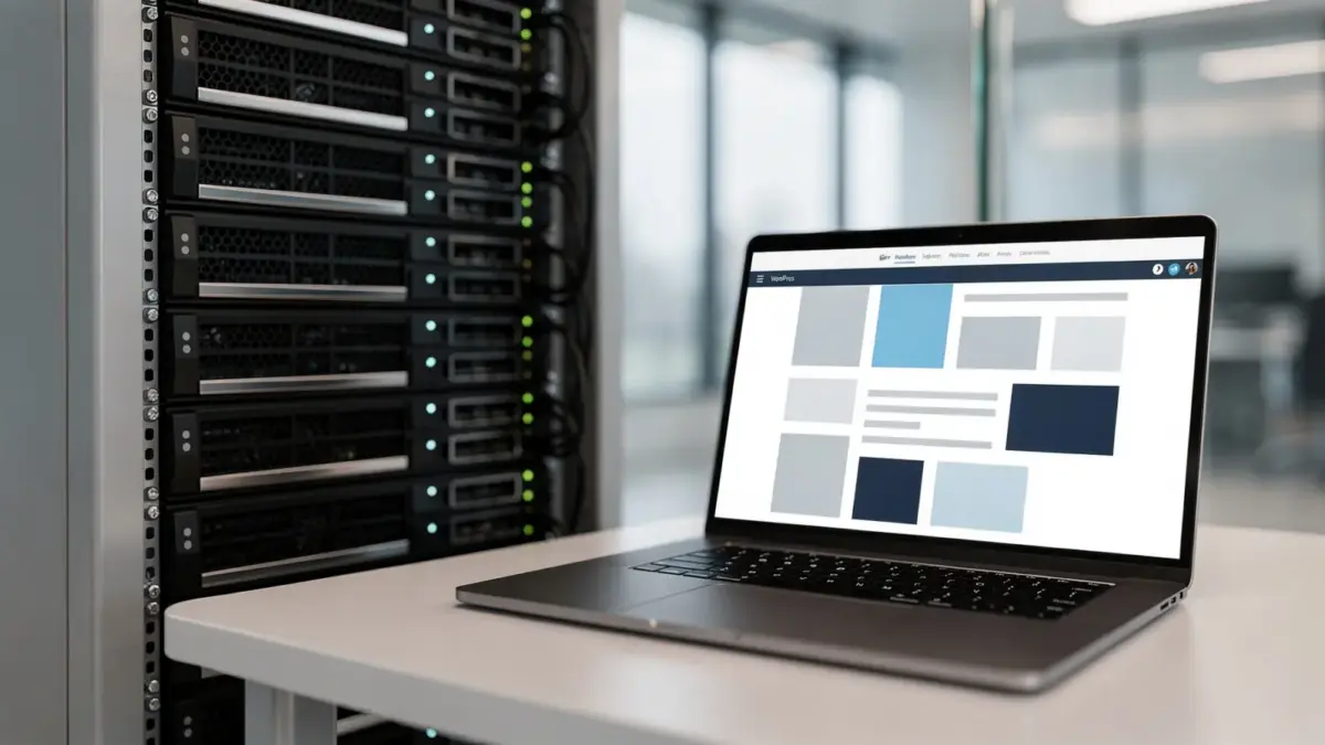 Serverrack und Laptop für WordPress Hosting in einem modernen Büro