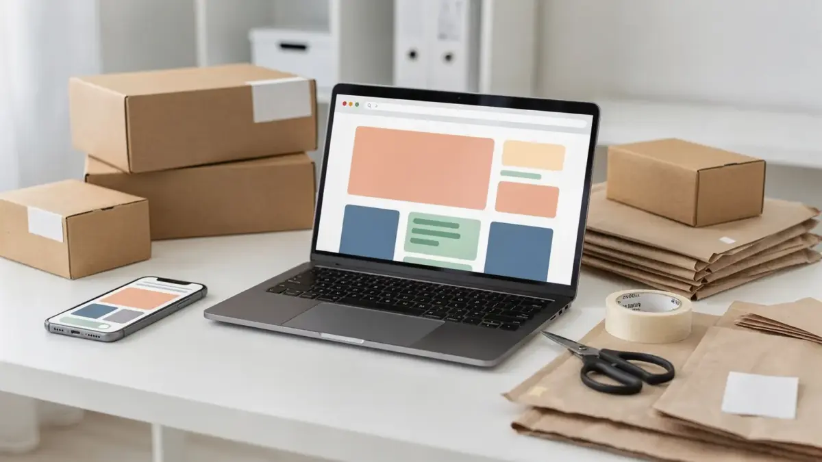 E-Commerce-Shop-Lösungen auf Laptop, Smartphone und Versandmaterial im Büro