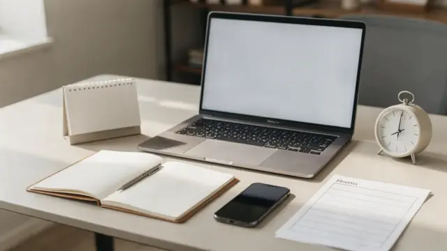 Ordentlicher Arbeitsplatz mit Laptop, Kalender und Notizbuch zu Produktivitätstechniken für Selbstständige