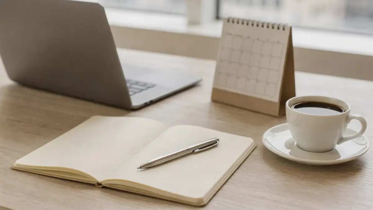 Ordentlicher Schreibtisch mit Laptop, Kalender und Notizbuch zum Thema Prokrastination selbstständig